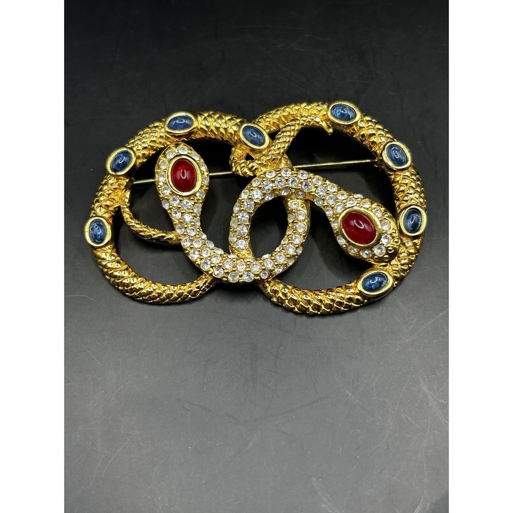 Vintage KJL Kenneth Jay Lane MEDUSA Brooch Pin Gold Snakes Cabochons Rhinestones